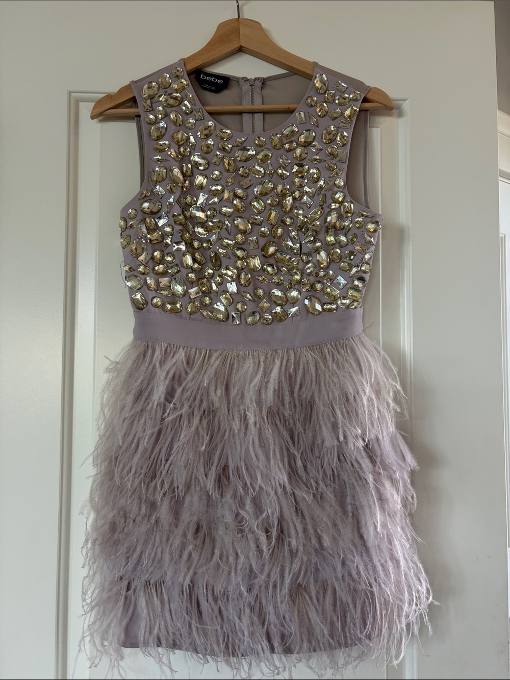 bebe Lilac Feather Hem Dress with Gold Gem Bodice